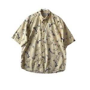 Columbia River Lodge Fish Print Button Up Shirt Men's L Fishing Outdoors Resort